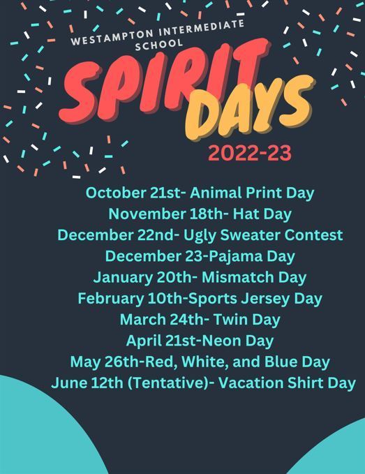 WIS Spirit Days Schedule